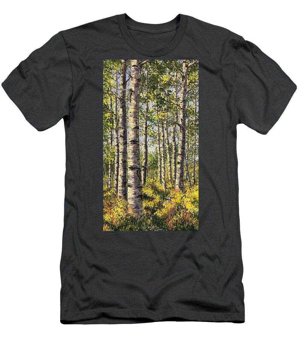 Birch T-Shirt featuring the pastel Sun in the Woods by Lee Tisch Bialczak