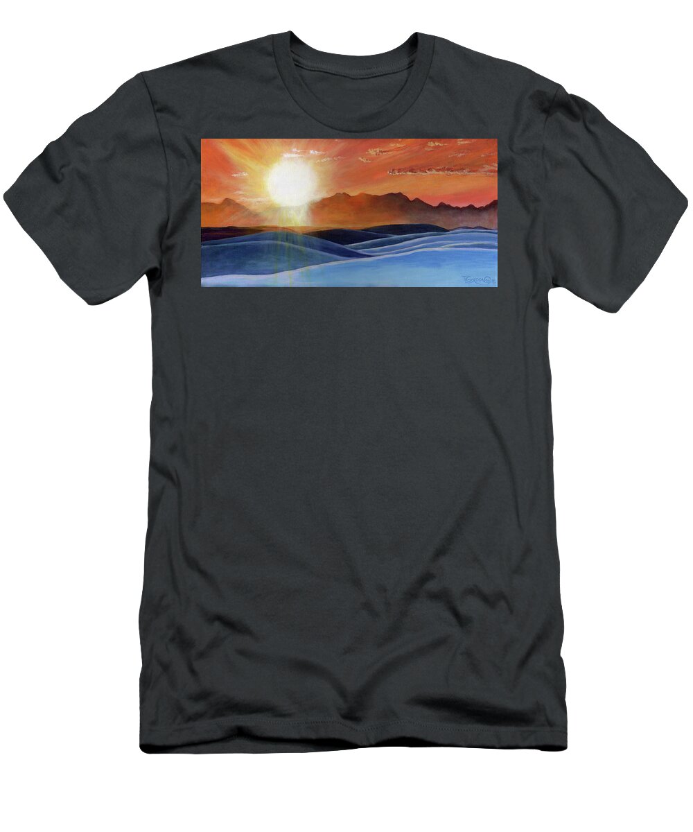 Rust T-Shirt featuring the painting Sun setting on White Sands-NM by Timithy L Gordon