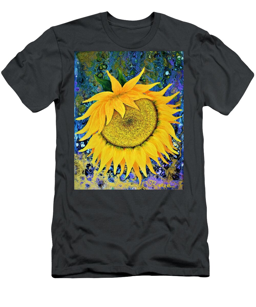 Wall Art Home Decoration Sunflower Flowers Yellow Sunflower Abstract Art Acrylic Painting Pouring Art Pouring Technique Pouring Effects Fluid Art Abstract Pour Mixed Media Gift Idea Yellow Flowers T-Shirt featuring the painting Sunny Sunflower by Tanya Harr