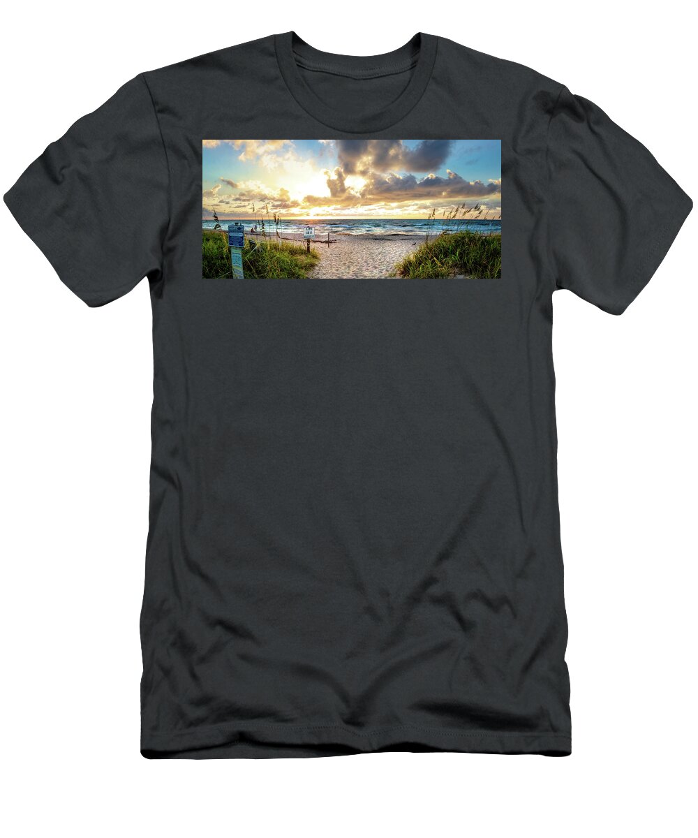 Panorama T-Shirt featuring the photograph Sunrise over the Sand Dunes Panorama by Debra and Dave Vanderlaan