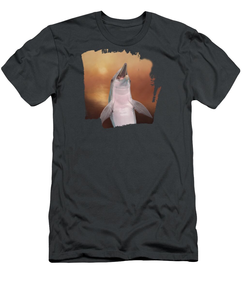 Dolphin T-Shirt featuring the mixed media Sunset Dolphin by Elisabeth Lucas