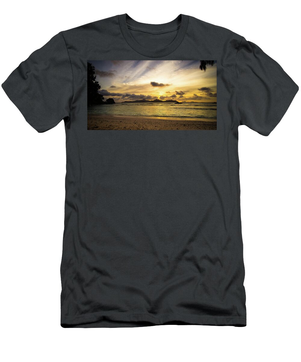 Background T-Shirt featuring the photograph Sunset in La Digue Seychelles Islands by Jean-Luc Farges