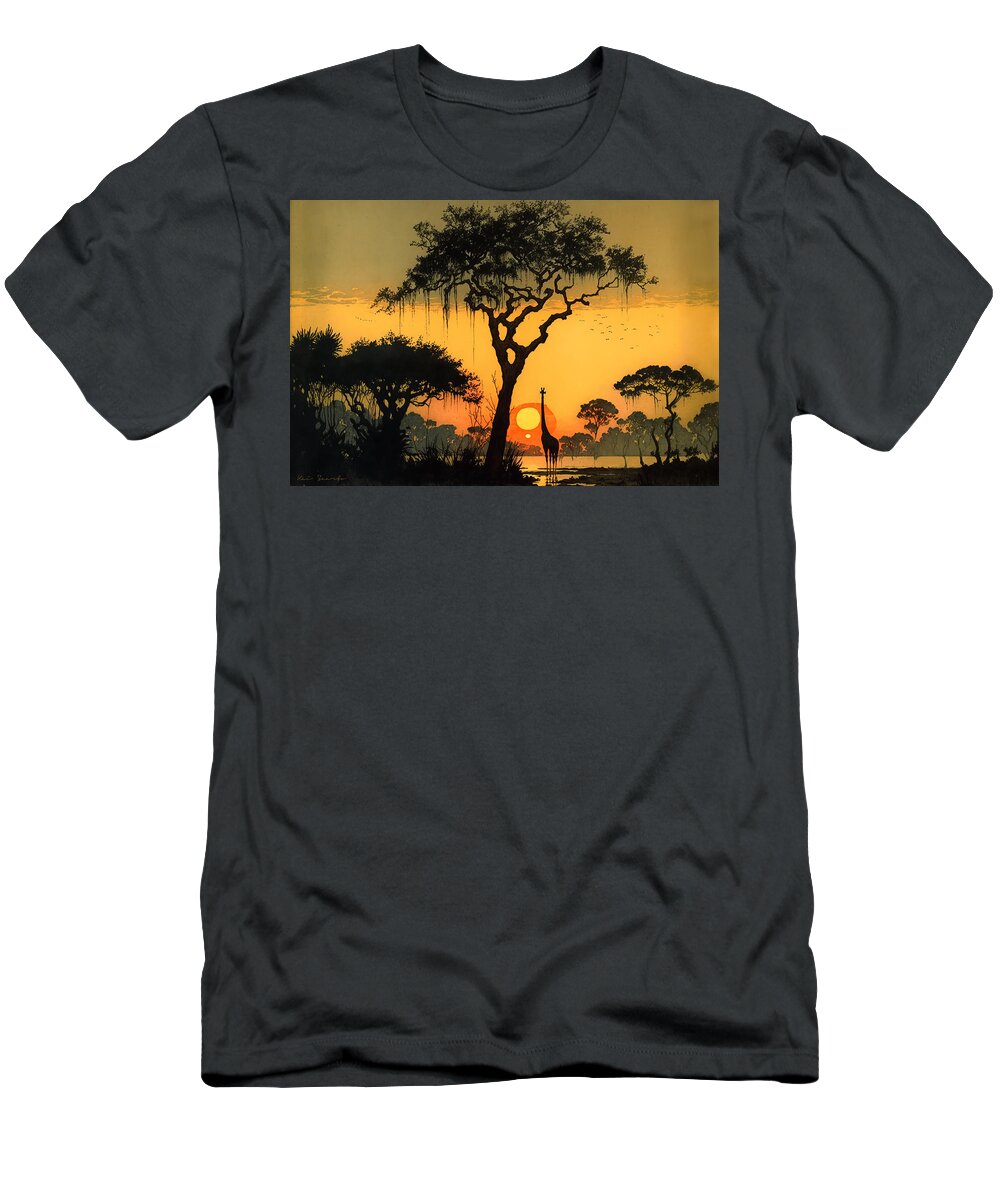 Africa T-Shirt featuring the digital art Sunset in savannah by Kai Saarto
