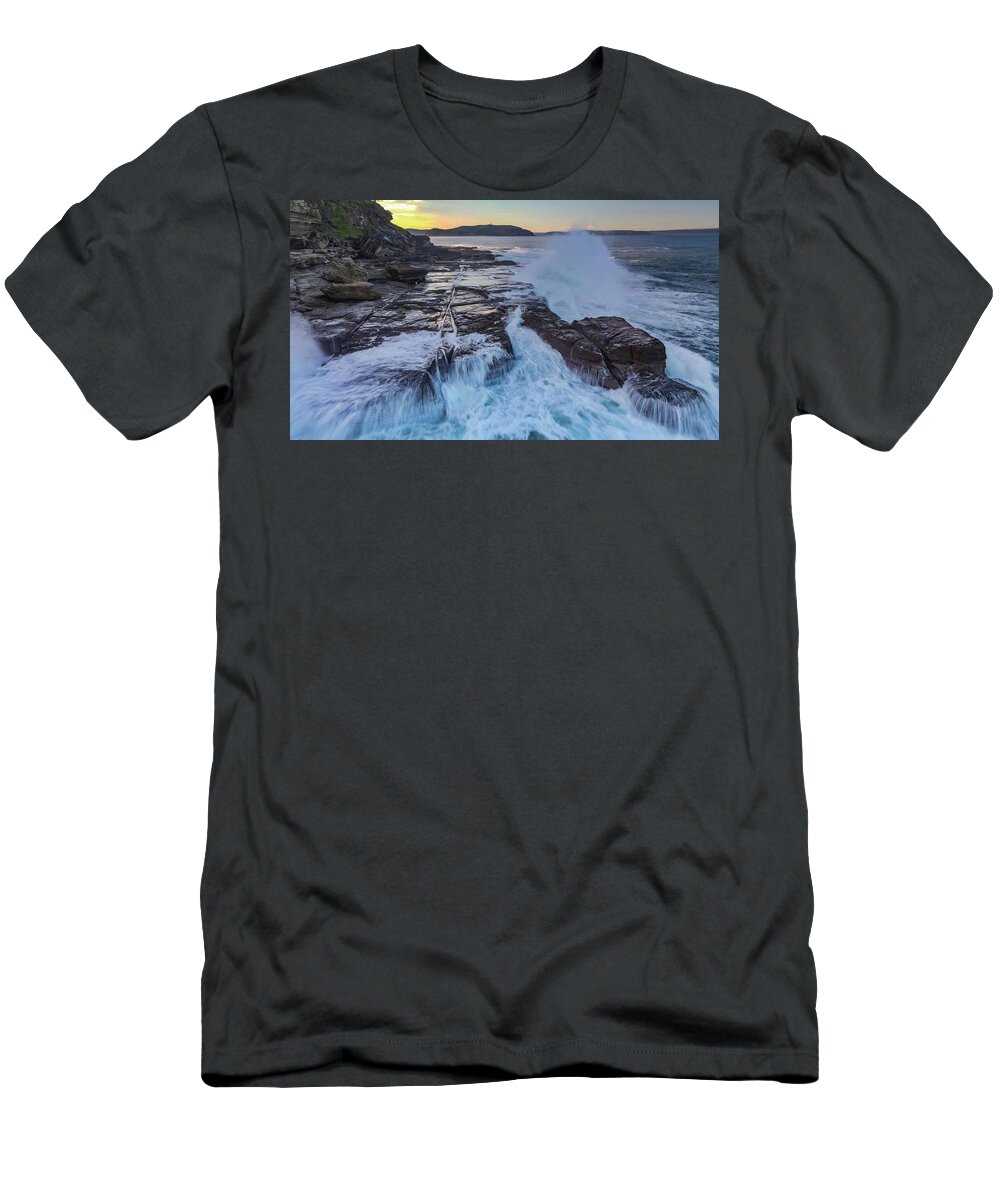 Beach; Sea; Blue; Beautiful; Nature Background; Seascape; Water; Landscape; Rocks; Cliffs; Rock Pool; Tourism; Travel; Summer; Holidays; Sea; Surf; Palm Beach T-Shirt featuring the photograph Sunset Near Palm Beach No 5 by Andre Petrov