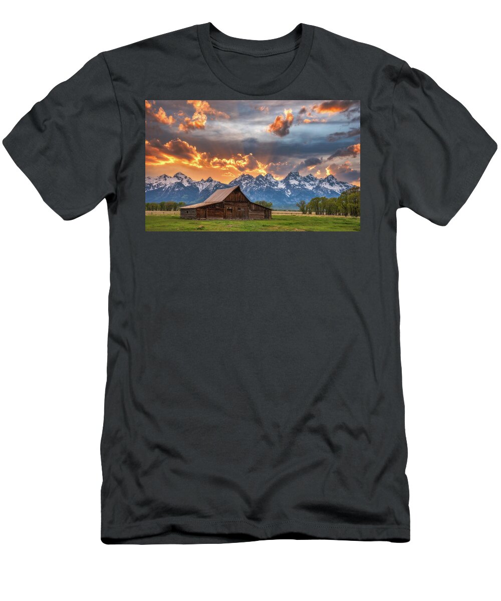 Sunset T-Shirt featuring the photograph Sunset on Fire - Moulton Barn by Darren White