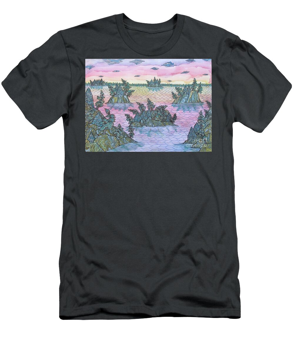 Honey Harbour Landscape Seascape Abstract Northern Ontario Canada Water Islands Bright Lobby Bag Pillow Cushion Sunset Office Face Mask T-Shirt featuring the painting Sunset On Honey Habour by Bradley Boug