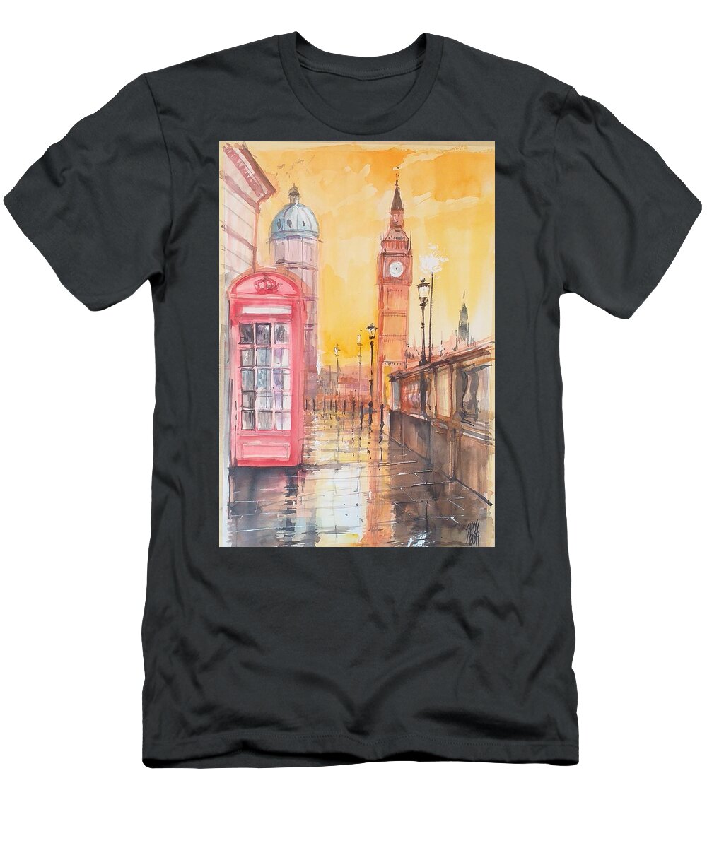 Sunshine T-Shirt featuring the painting Sunshine after rain, London view by Lorand Sipos