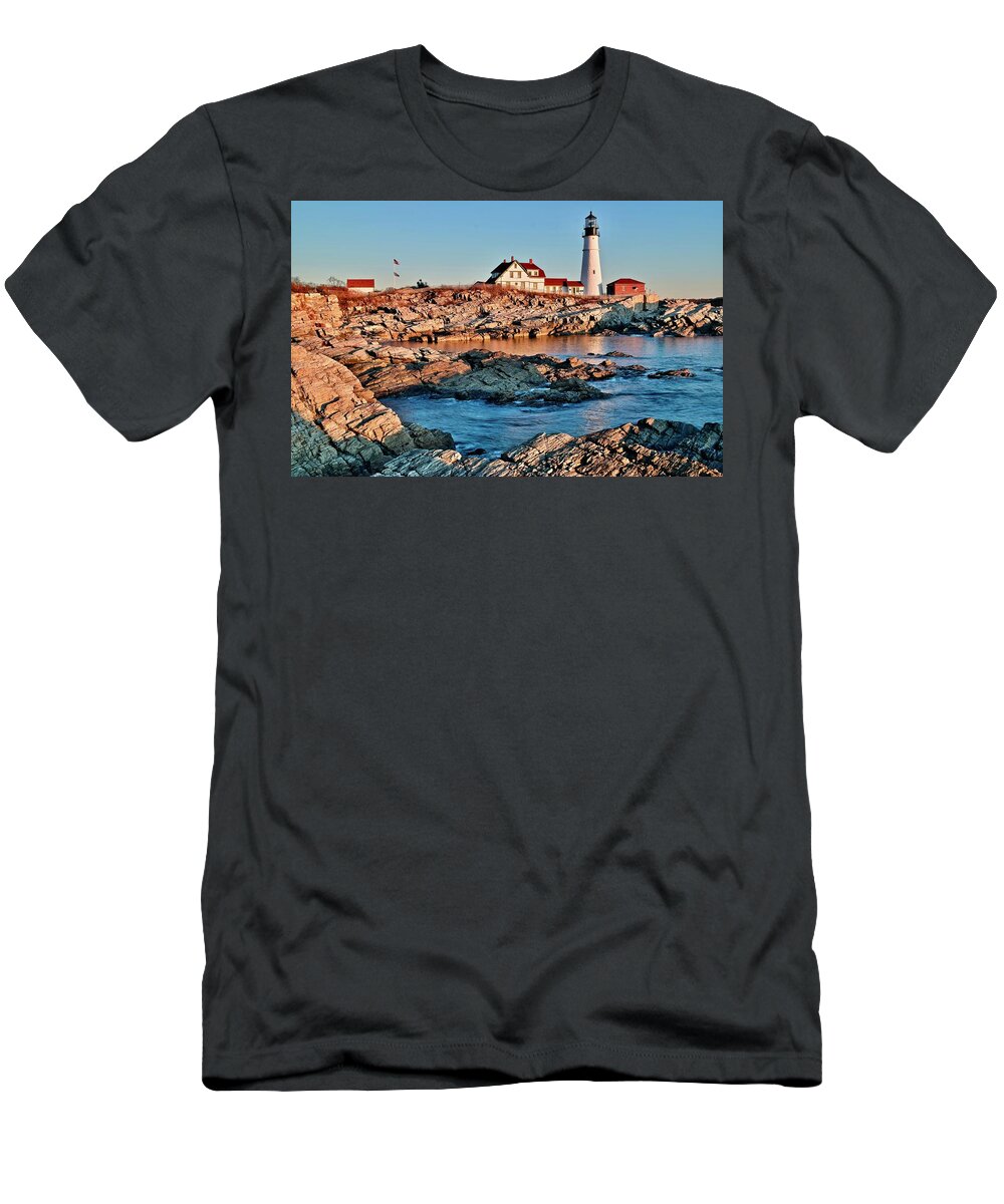 Cape T-Shirt featuring the photograph Sunshine at Portland Head by Frozen in Time Fine Art Photography