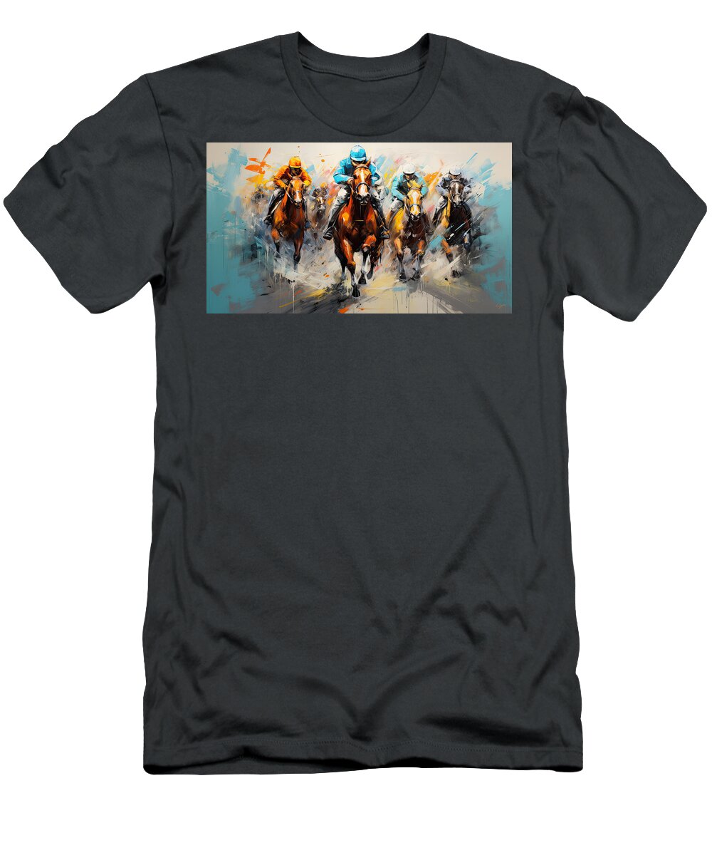 Horse Racing T-Shirt featuring the painting Surge of Excitement by Lourry Legarde