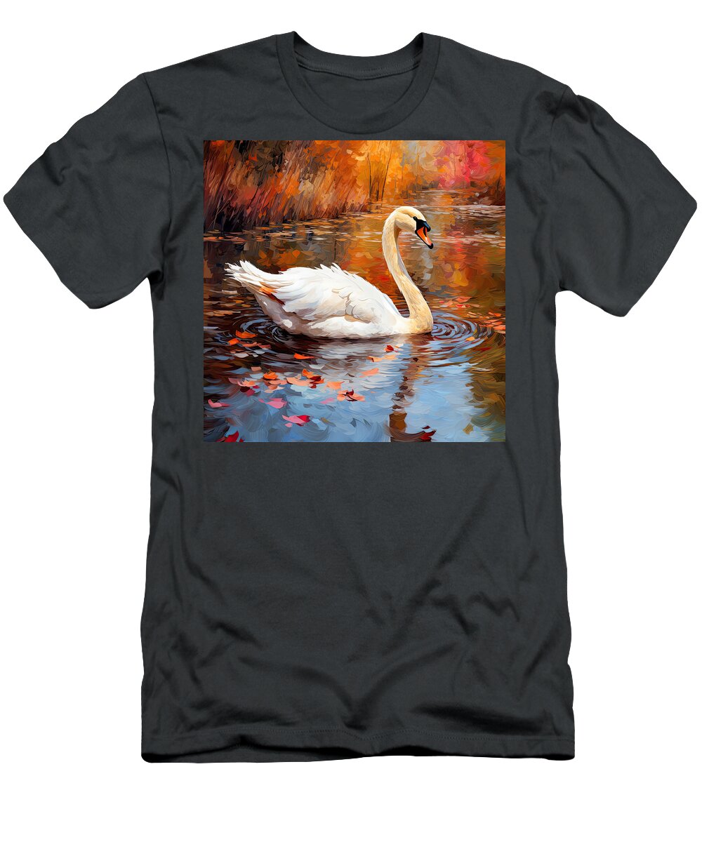 Autumn Swan T-Shirt featuring the digital art Swim and Grace by Lourry Legarde