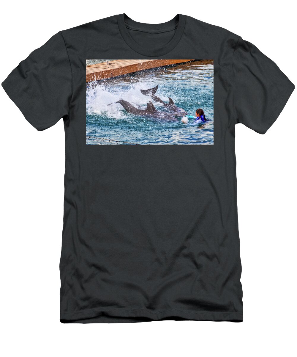 Swimming With Dolphins T-Shirt featuring the photograph Swimming with dolphins, Xcaret, Mexico by Tatiana Travelways