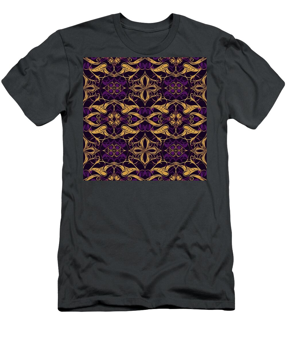 Symmetrical Purple And Gold Pattern T-Shirt featuring the digital art Symmetrical Purple and Gold Pattern #1 by Britten Adams
