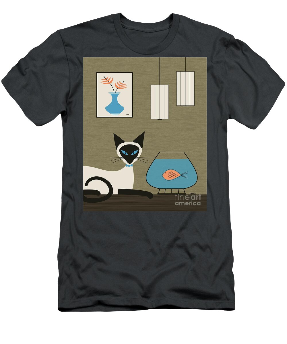 Mid Century Modern T-Shirt featuring the digital art Tabletop Siamese with Fish by Donna Mibus