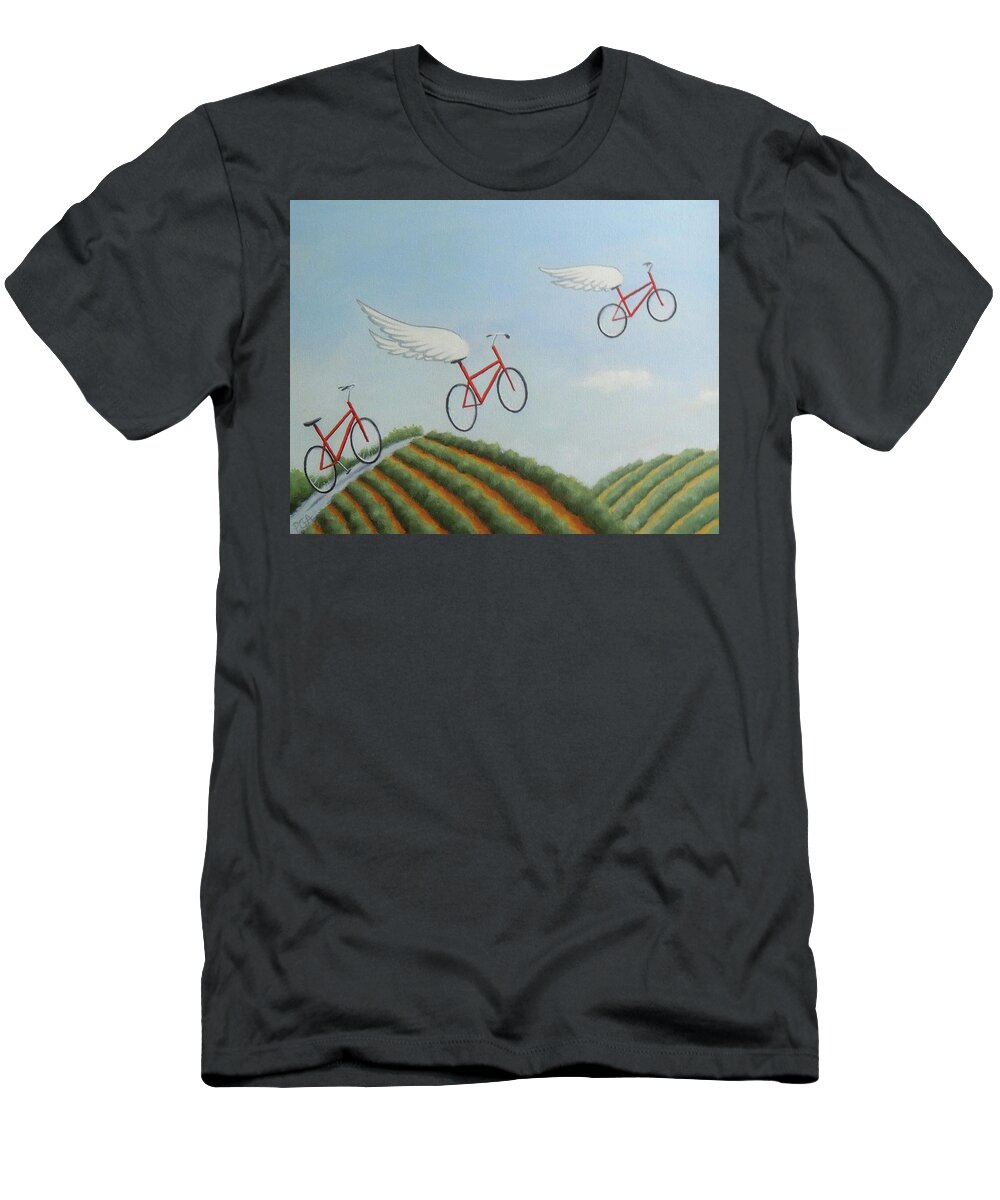 Red Bicycles T-Shirt featuring the painting Taking Flight by Phyllis Andrews
