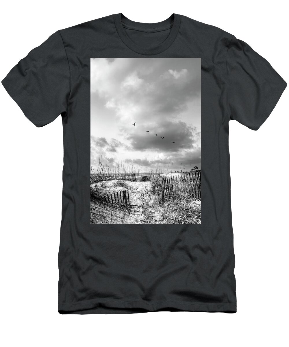 Black T-Shirt featuring the photograph Tall Clouds over the Dunes Black and White by Debra and Dave Vanderlaan
