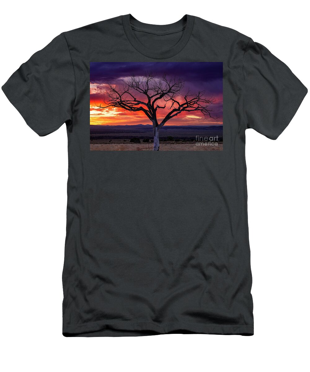 Taos T-Shirt featuring the photograph Taos Welcome Tree Purple Sunset by Elijah Rael