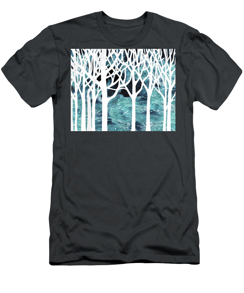 Cool Abstract T-Shirt featuring the painting Teal Blue White Watercolor Forest Silhouette Cool Calm Decor by Irina Sztukowski