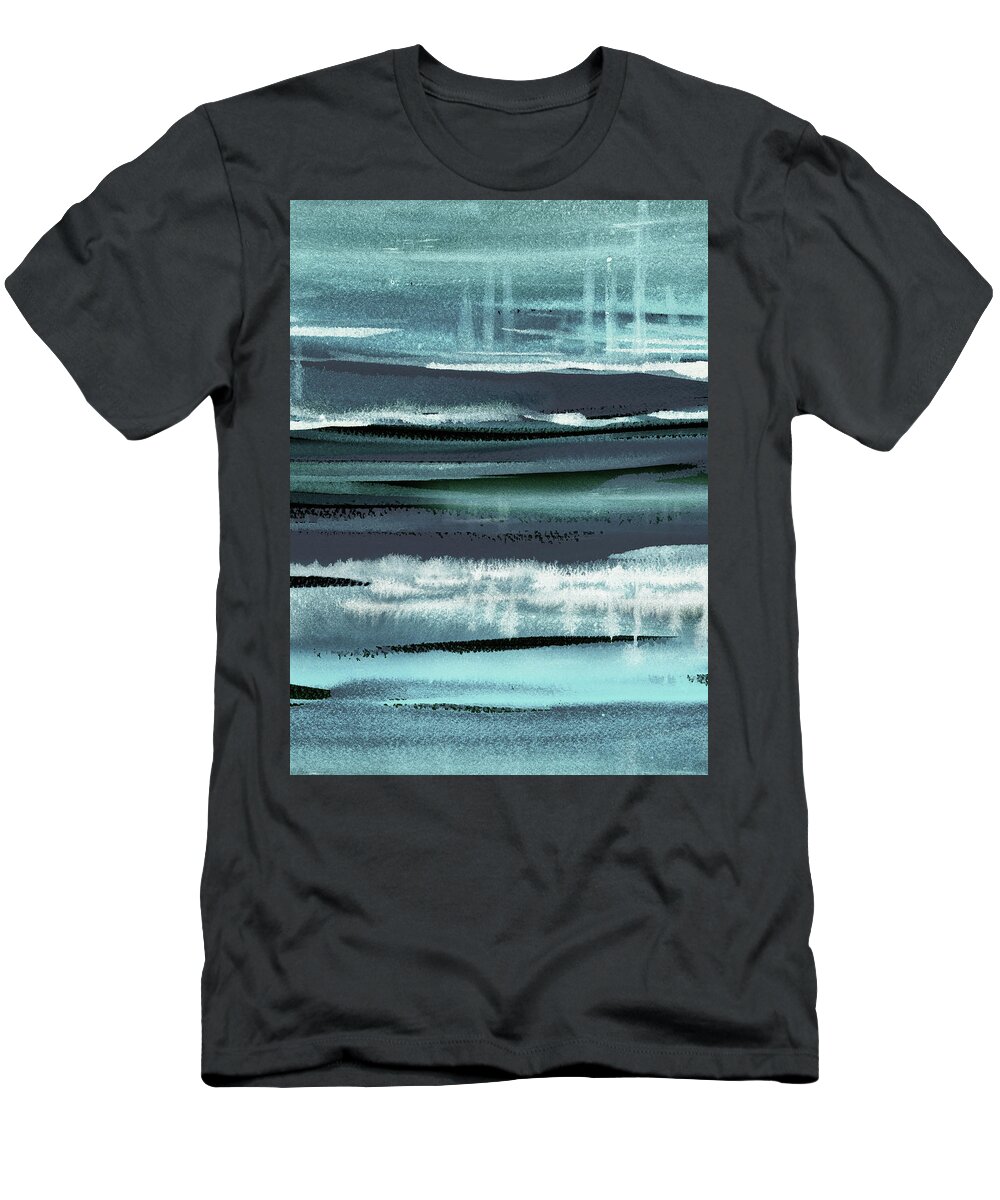 Teal T-Shirt featuring the painting Teal Reflections Abstract Watercolor River Flow by Irina Sztukowski