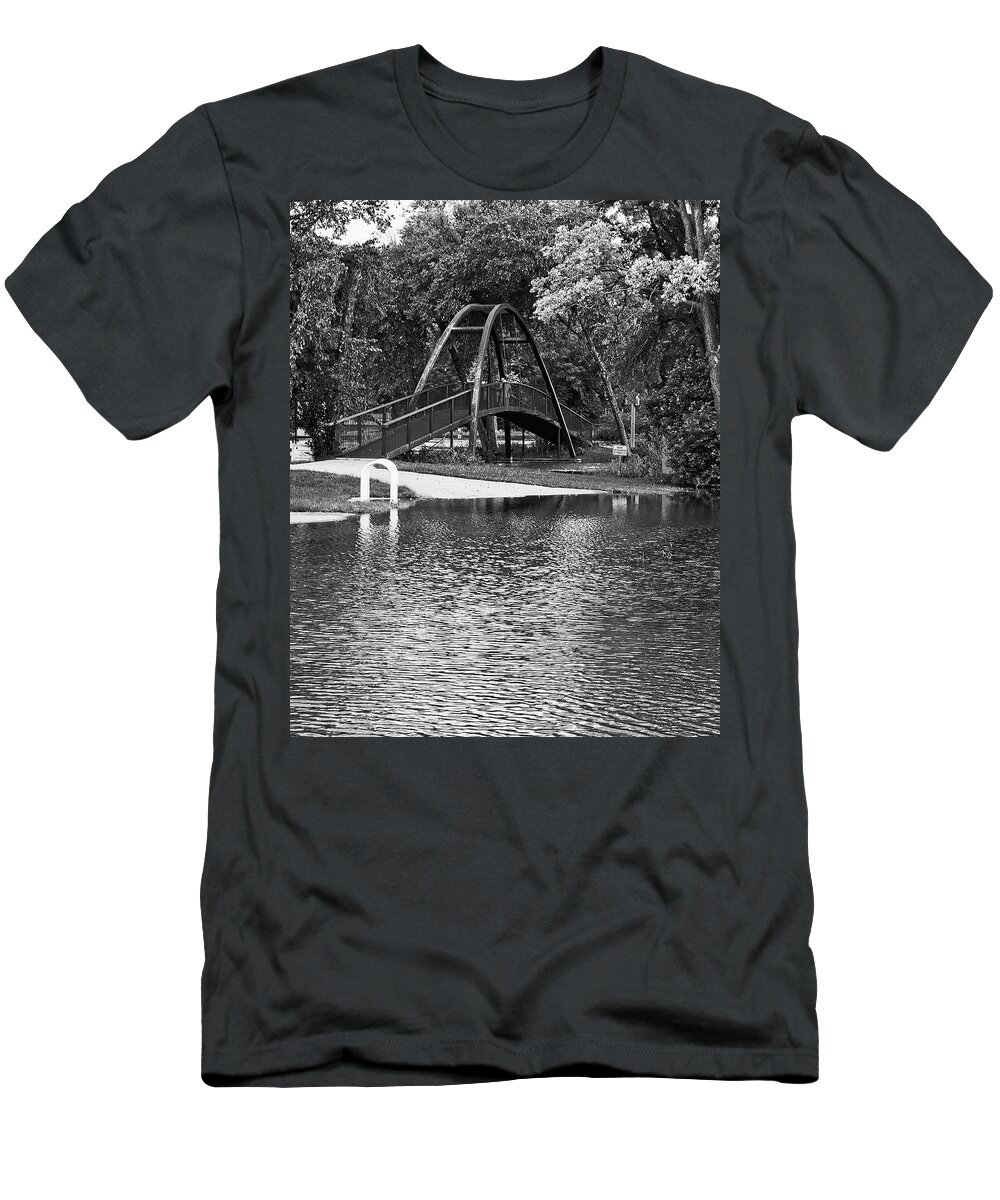 Flooding T-Shirt featuring the photograph Tenney Park Bridge, Madison, WIsconsin BW by Steven Ralser