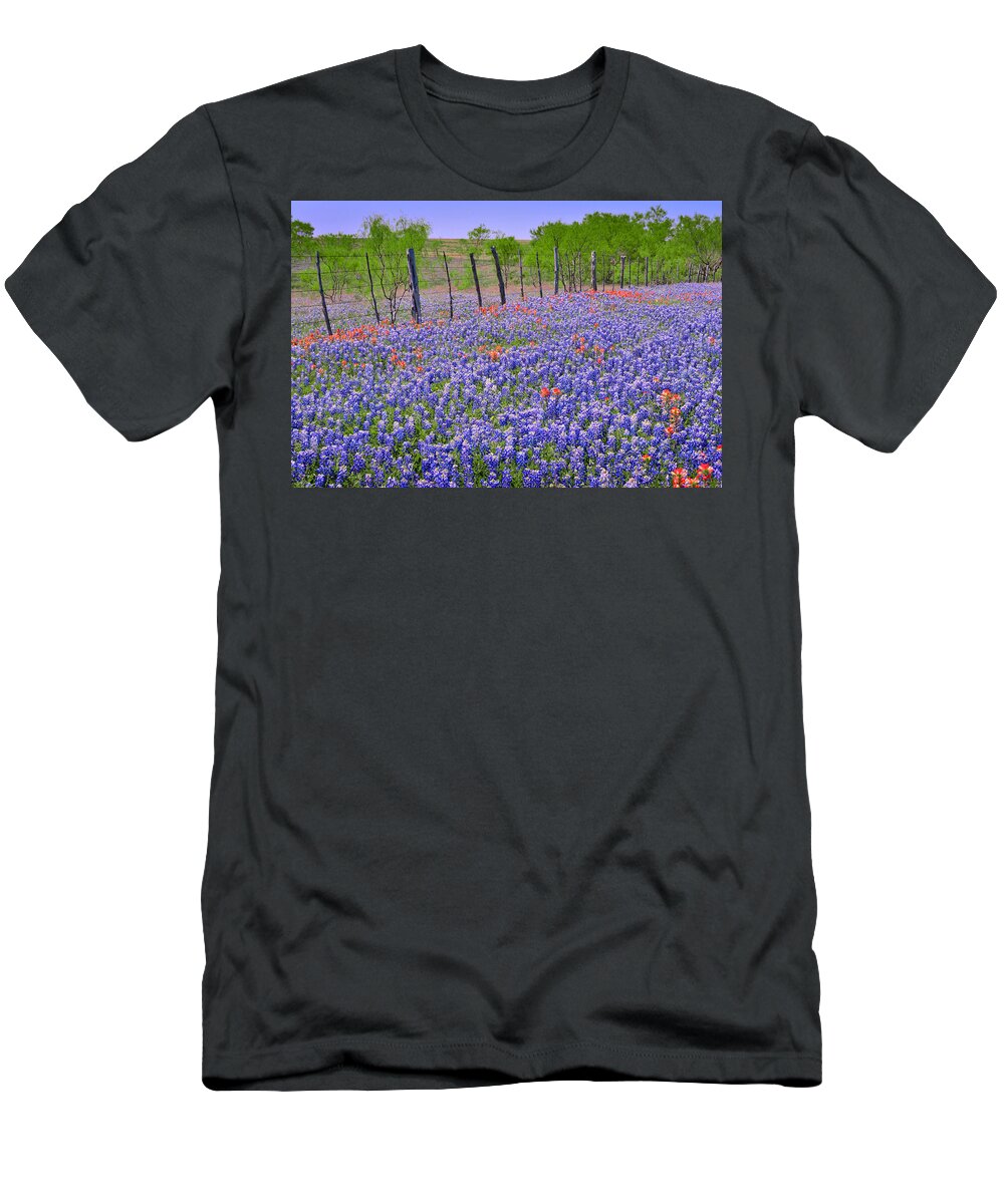 Texas Bluebonnets T-Shirt featuring the photograph Texas Heaven -Bluebonnets Wildflowers Landscape by Jon Holiday