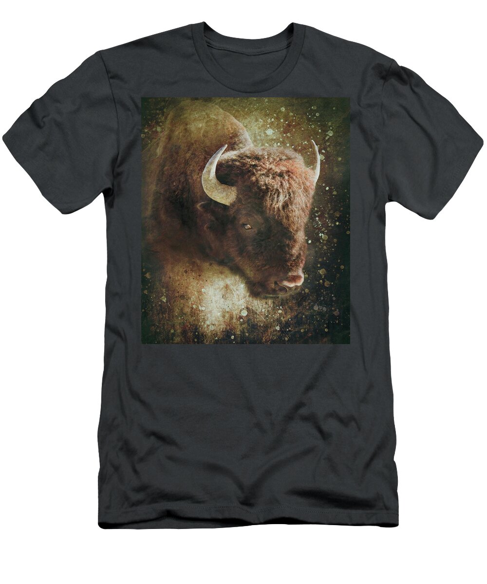 Grunge Style Bison T-Shirt featuring the mixed media Textured Bison Portrait by Dan Sproul