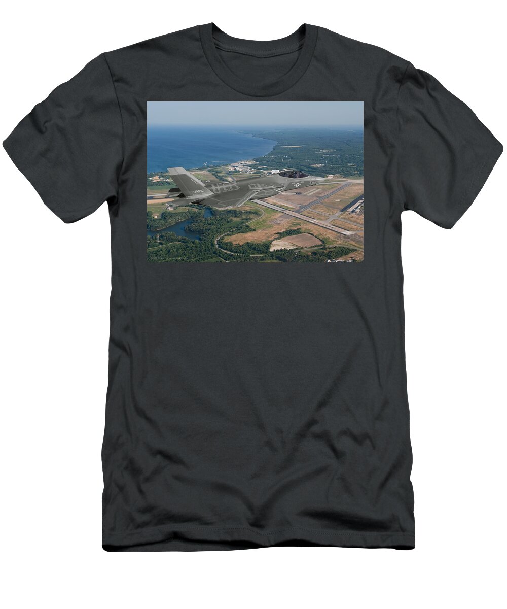 Lightning T-Shirt featuring the digital art TF-35C Over Patuxent River by Custom Aviation Art