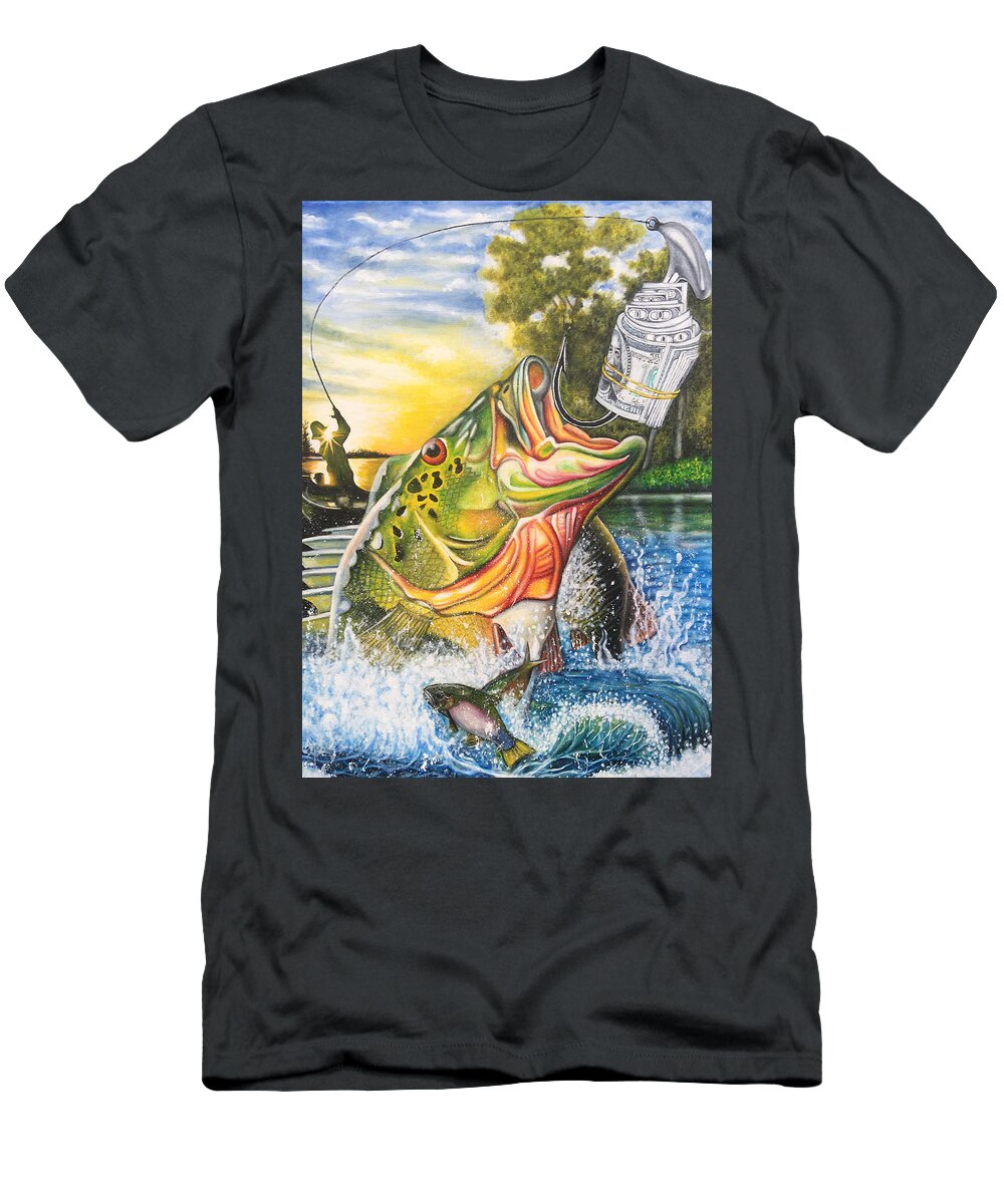 Baits T-Shirt featuring the painting The Bait by O Yemi Tubi