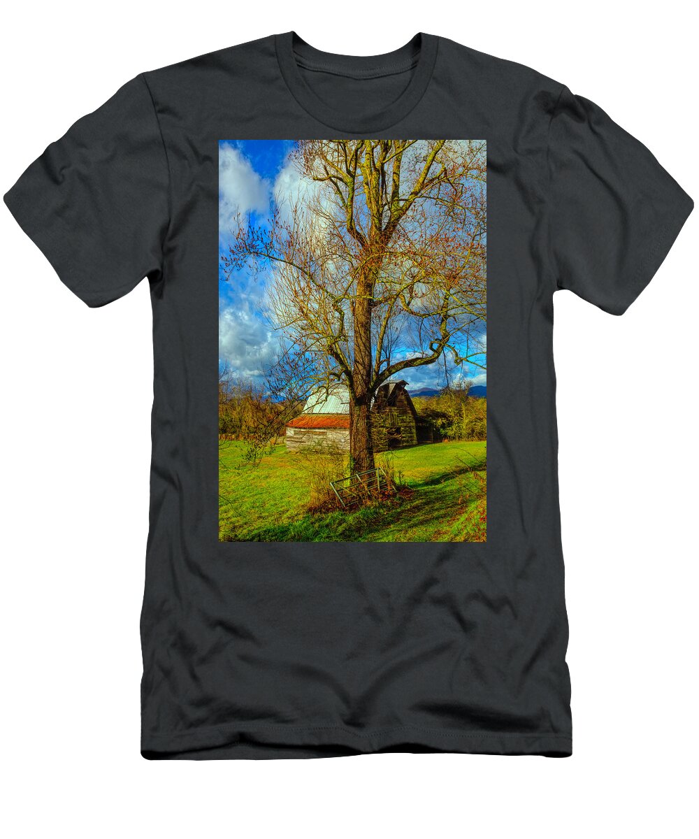 Andrews T-Shirt featuring the photograph The Barn Farm Gate by Debra and Dave Vanderlaan