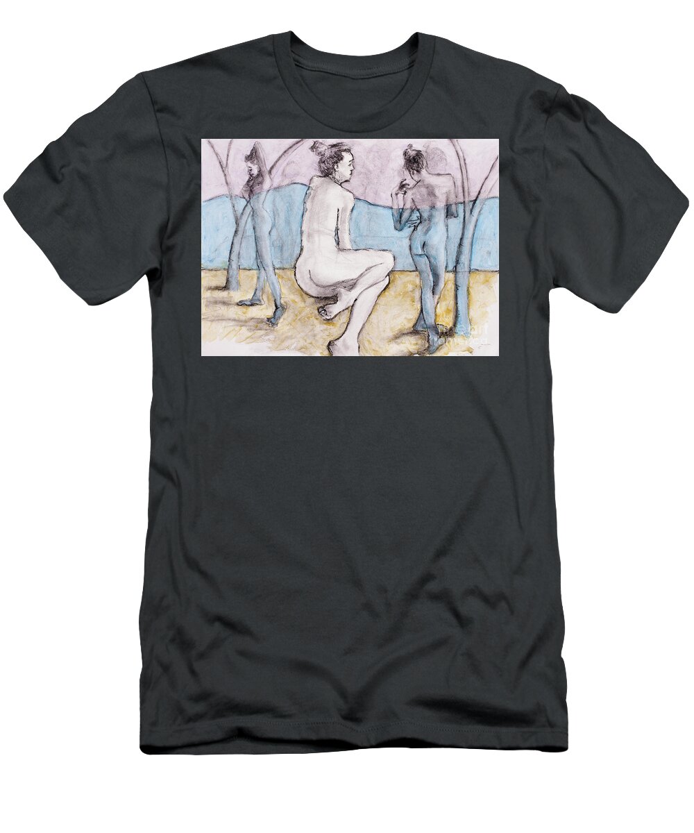 Life Drawing T-Shirt featuring the mixed media The Bathers by PJ Kirk