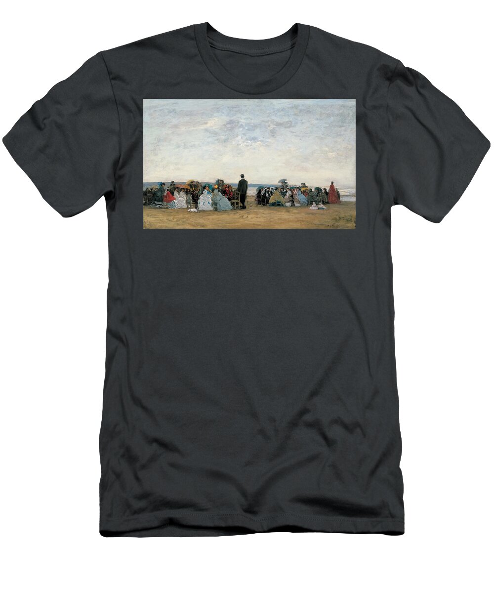 Eugene Louis Boudin T-Shirt featuring the painting The Beach Near Trouville by Eugene Louis Boudin by Mango Art