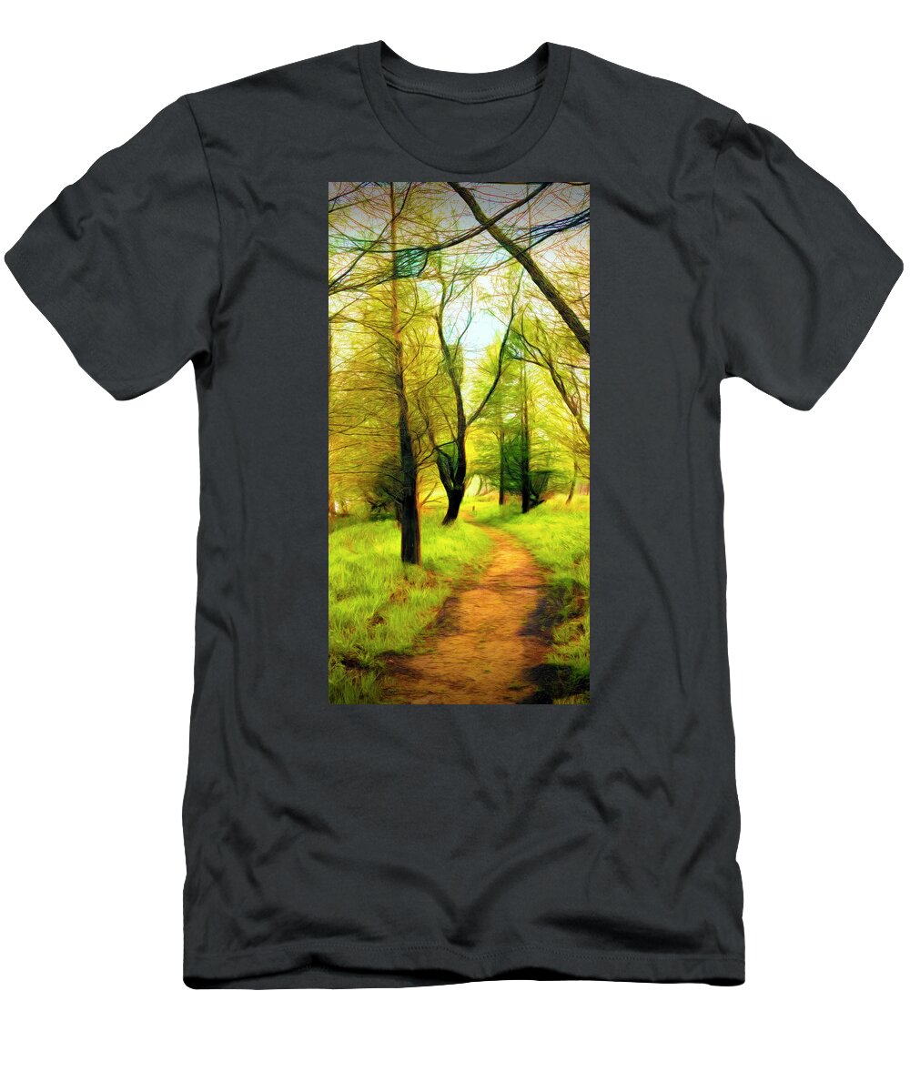 Carolina T-Shirt featuring the photograph The Beautiful Forest Trail in Abstract in Middle Vertical Tripty by Debra and Dave Vanderlaan