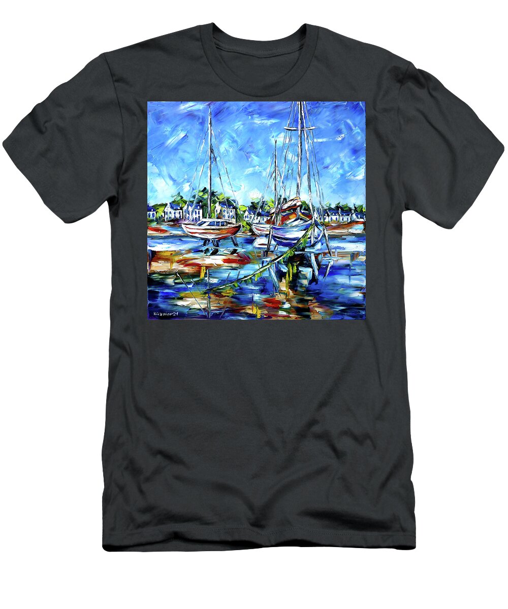 Boats On Wooden Piles T-Shirt featuring the painting The Boats Of Brittany by Mirek Kuzniar