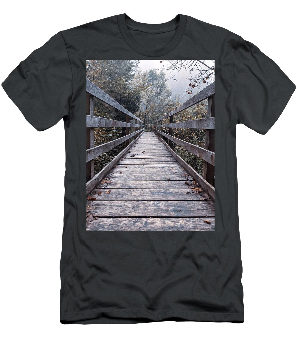 Fall T-Shirt featuring the photograph The Bridge Into The Fog by Claudia Zahnd-Prezioso