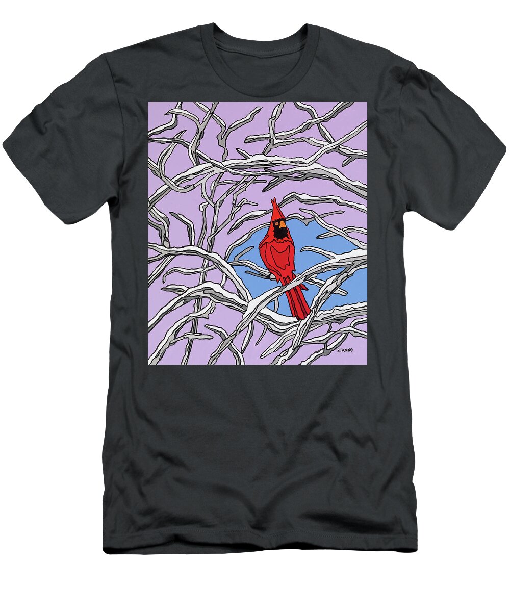 Cardinal Bird Perch Snow Winter T-Shirt featuring the painting The Cardinal by Mike Stanko