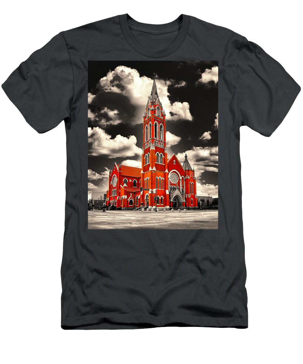 Cathedral Shrine Of The Virgin Of Guadalupe T-Shirt featuring the digital art The Cathedral Shrine of the Virgin of Guadalupe in Dallas, Texas, isolated on black and white by Nicko Prints