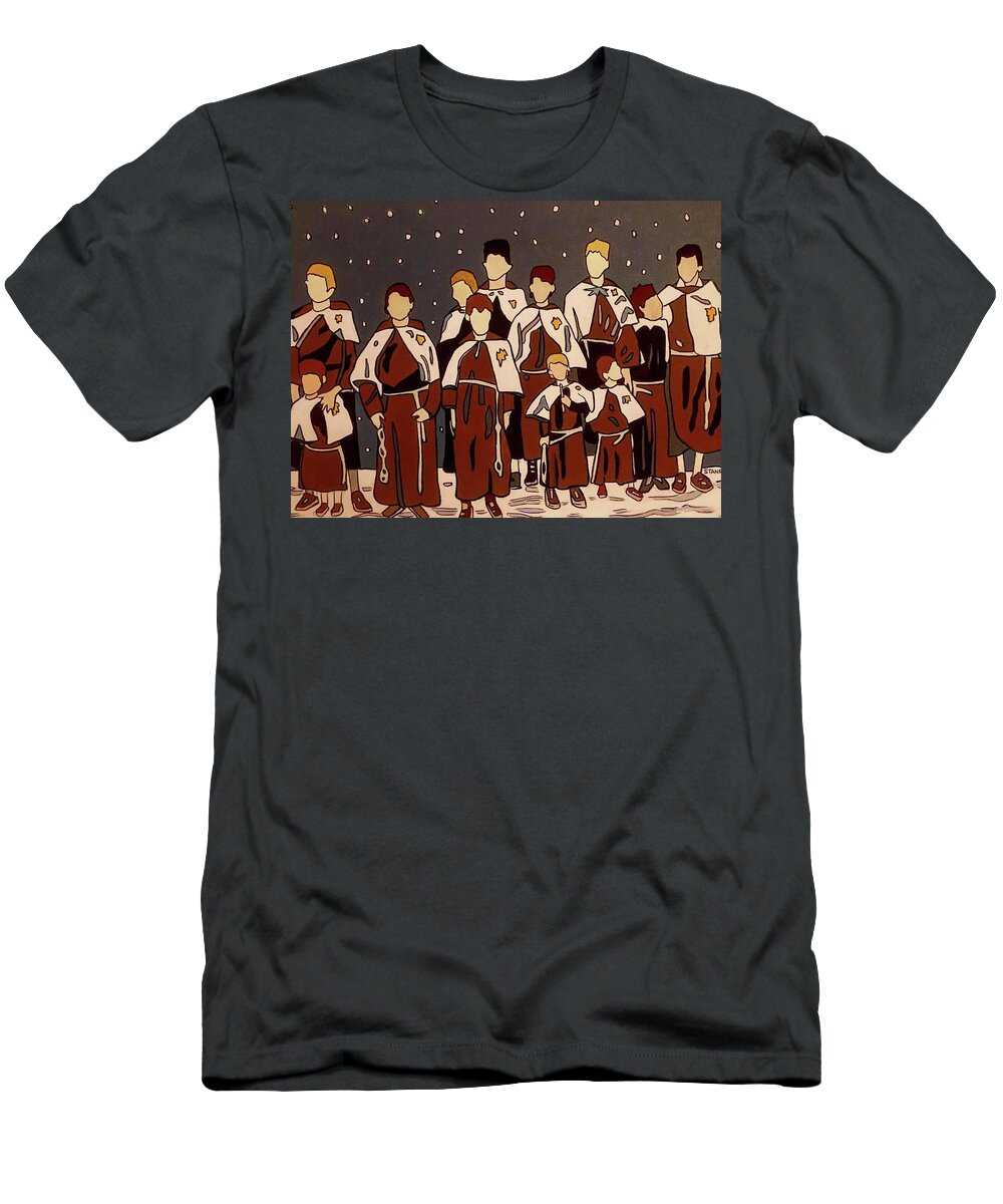 Choir Singers Christmas Snow Italy T-Shirt featuring the painting The Choir by Mike Stanko