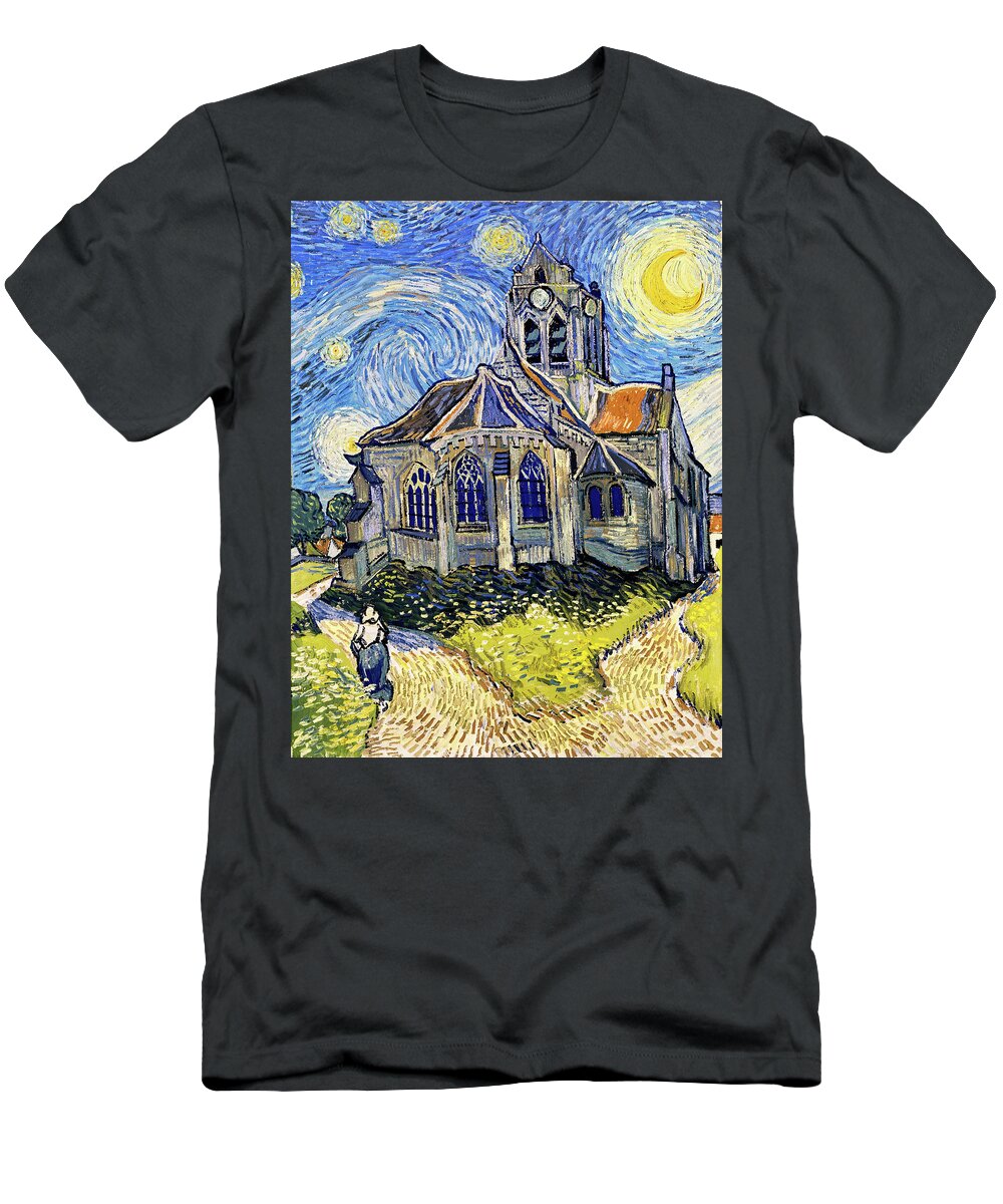 Van Gogh T-Shirt featuring the digital art The Church at Auvers on a Starry Night - digital recreation by Nicko Prints