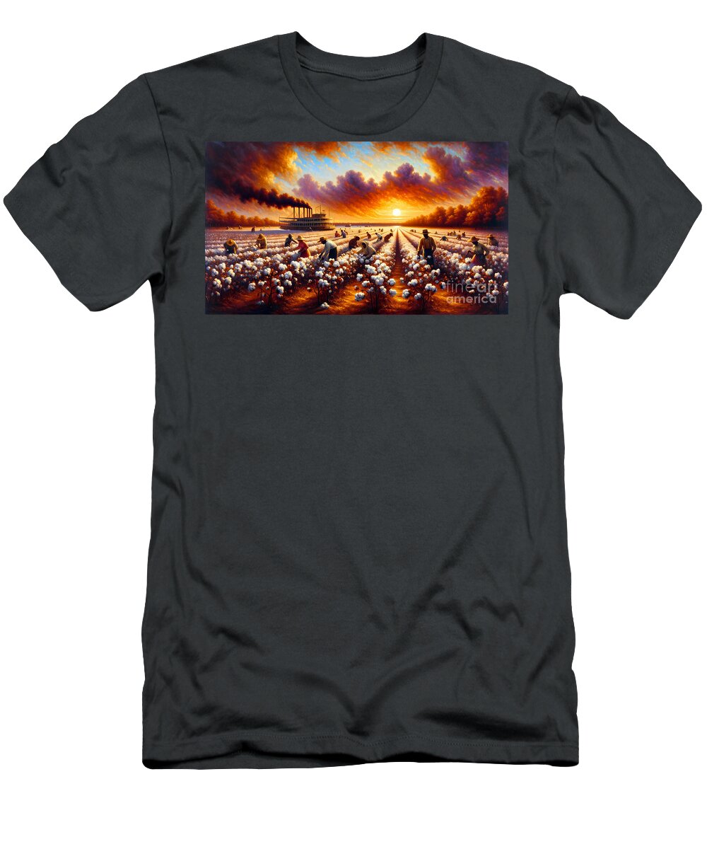 Cotton Fields T-Shirt featuring the painting The cotton fields of the Mississippi Delta at sunset, with sharecroppers and a steamboat by Jeff Creation