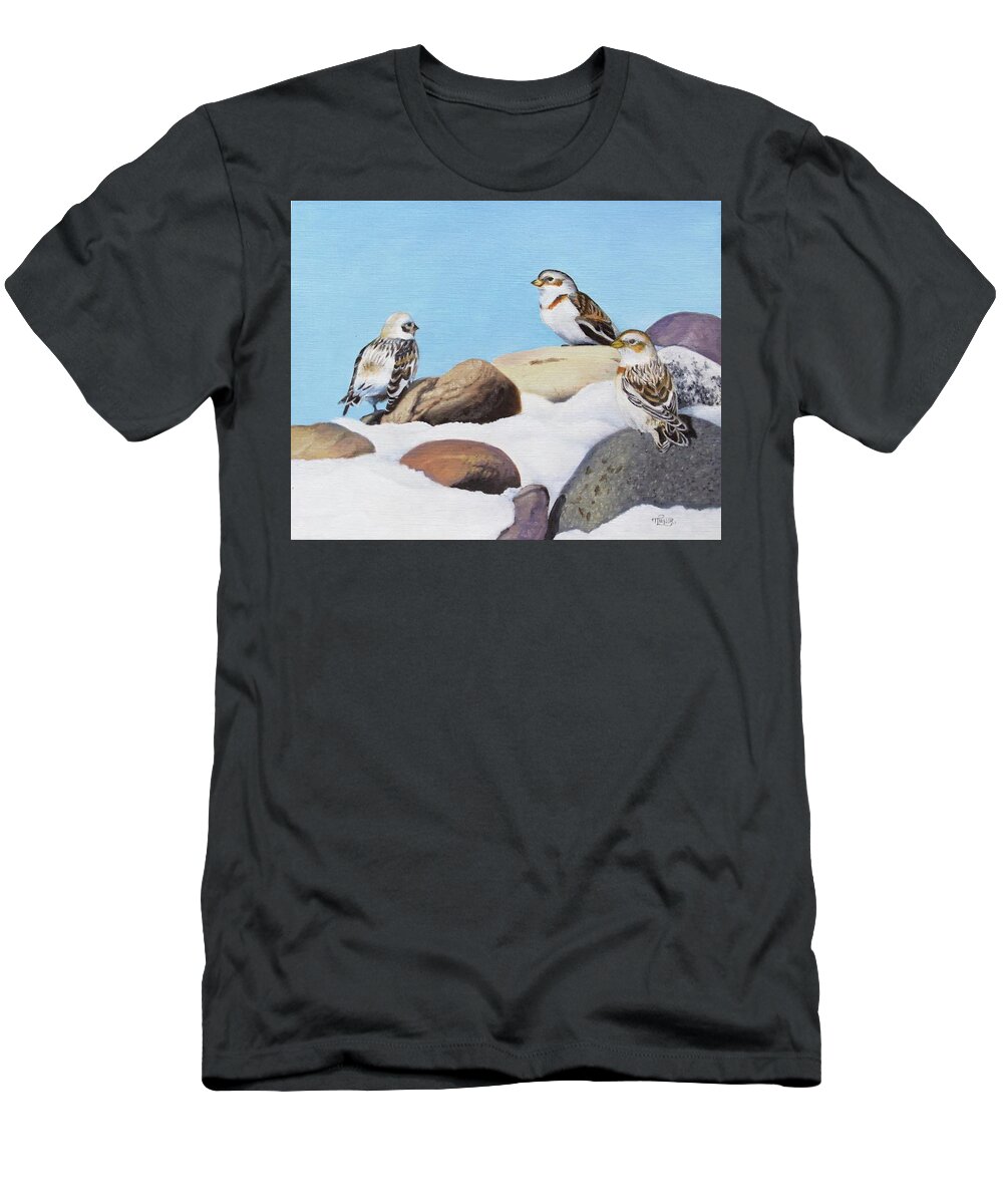 Snow Buntings T-Shirt featuring the painting The Debate by Tammy Taylor