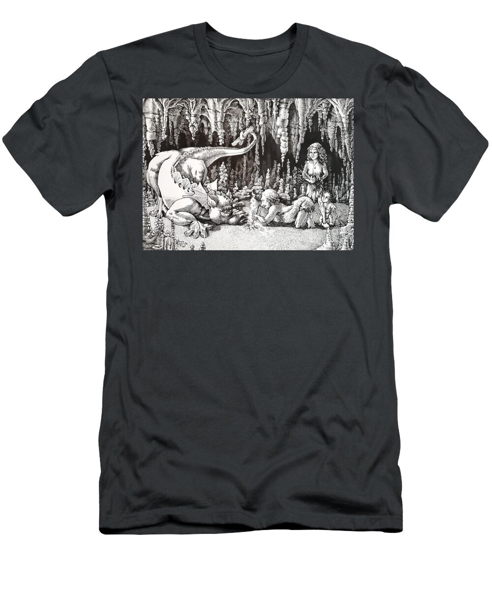 Dinosaur T-Shirt featuring the drawing The Discovery of Fire by Merana Cadorette