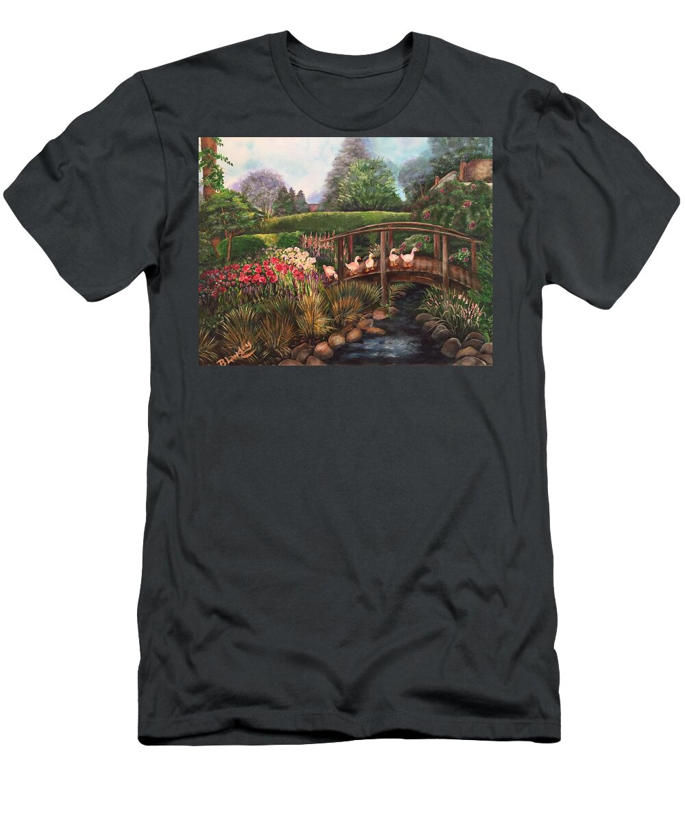 Garden T-Shirt featuring the painting The Garden Bridge by Barbara Landry