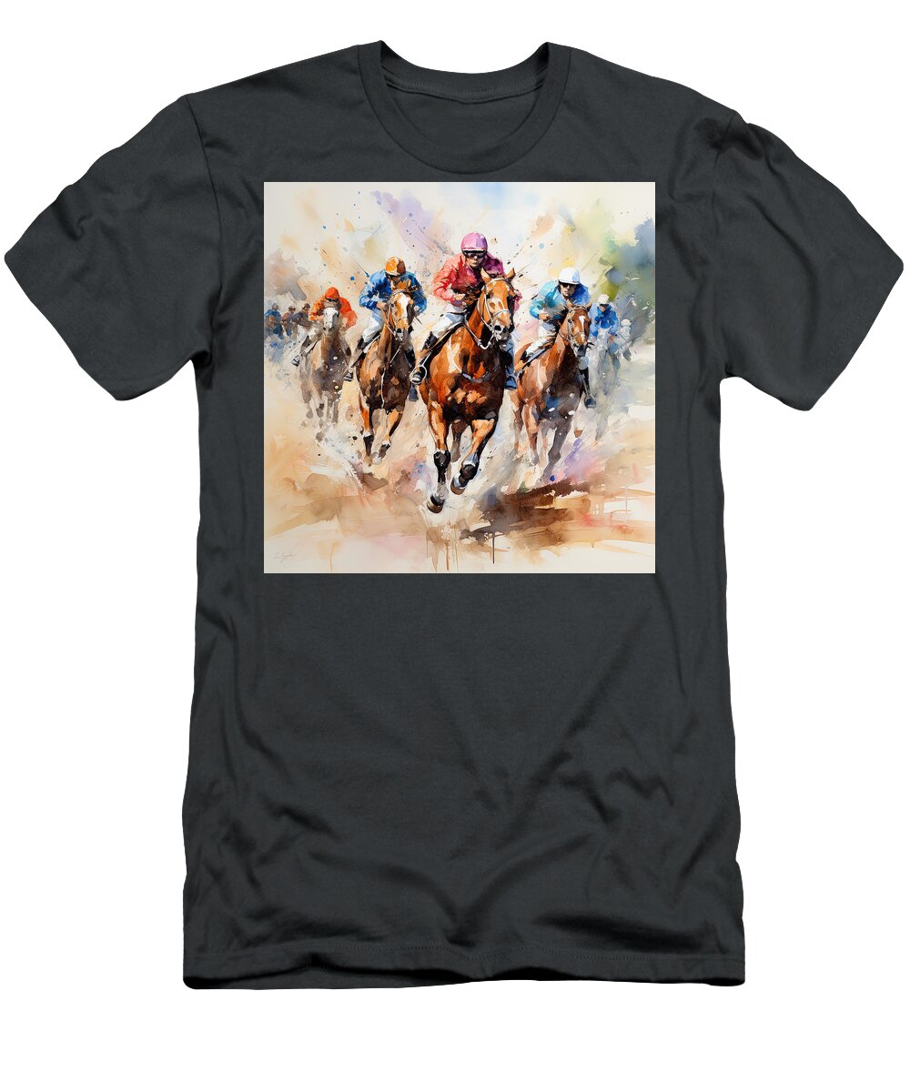 Horse Racing T-Shirt featuring the painting The Glory of the Race by Lourry Legarde