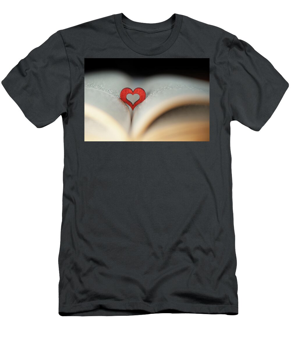 Red Heart Shape Standing In The Heart Of A Book. The Heart Of The Story. The Heart Of The Story T-Shirt featuring the photograph The Heart of the Story ii by Helen Jackson