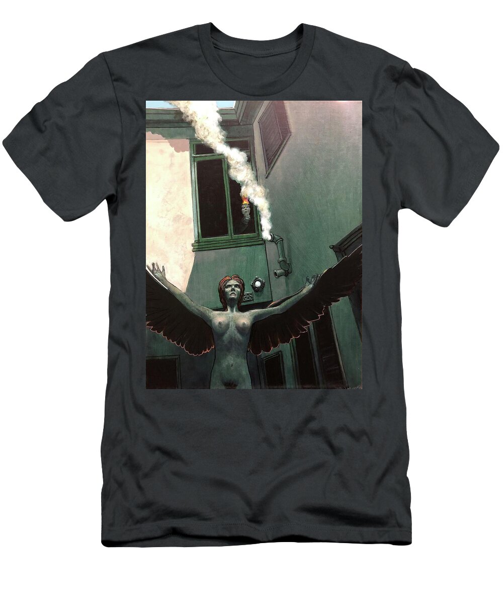 Winged Figure T-Shirt featuring the painting The Invention of Smoke by William Stoneham