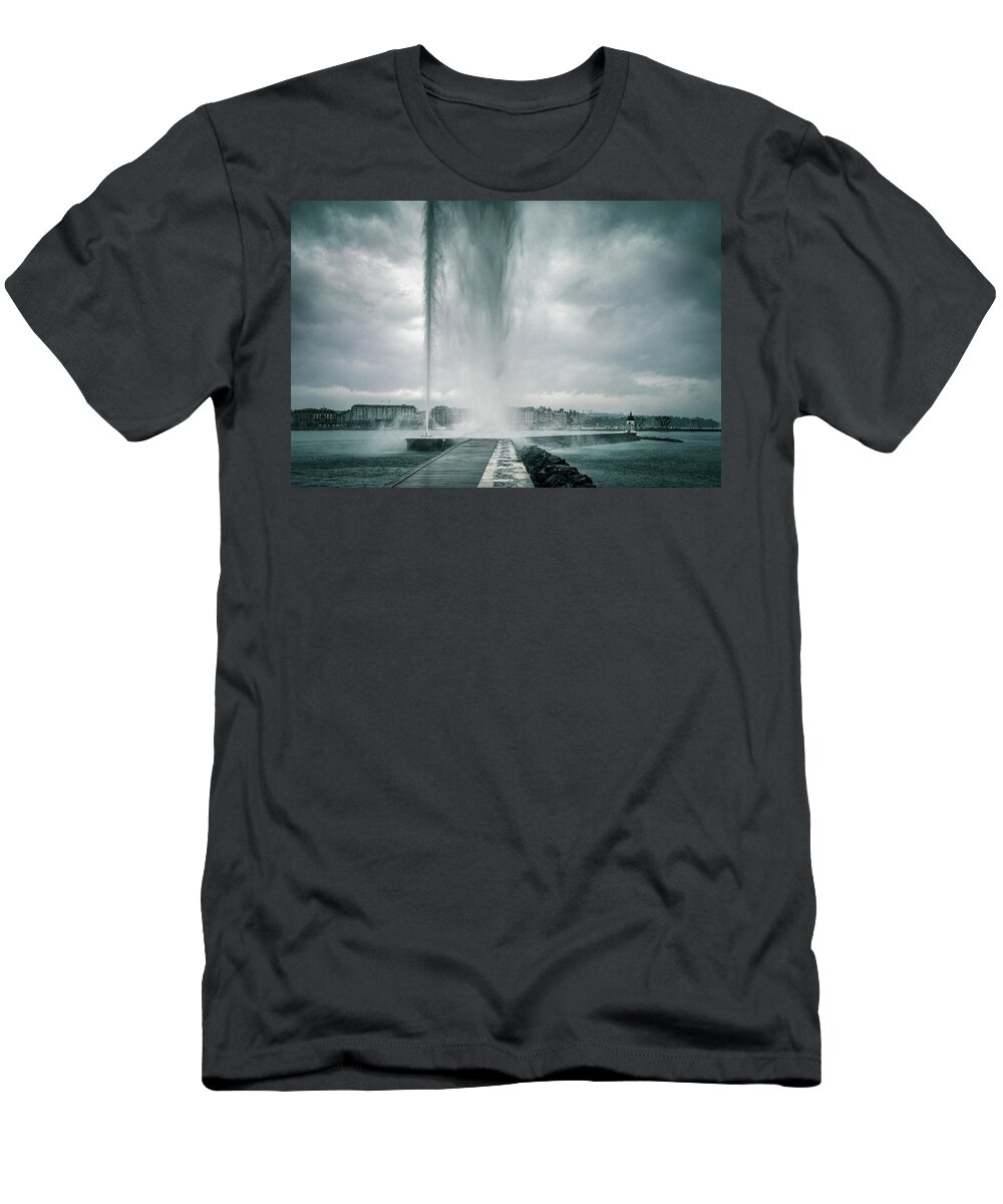 City Center T-Shirt featuring the photograph The Jet d'Eau fountain in Geneva on a stormy day by Benoit Bruchez