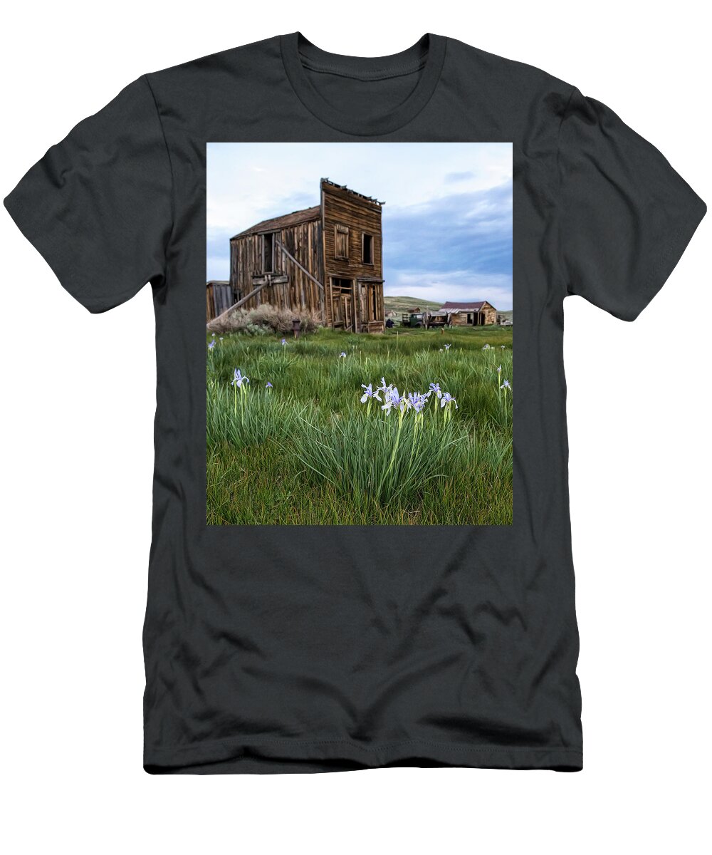 Bodie T-Shirt featuring the photograph The Leaning Swasey Hotel in Bodie by Cheryl Strahl