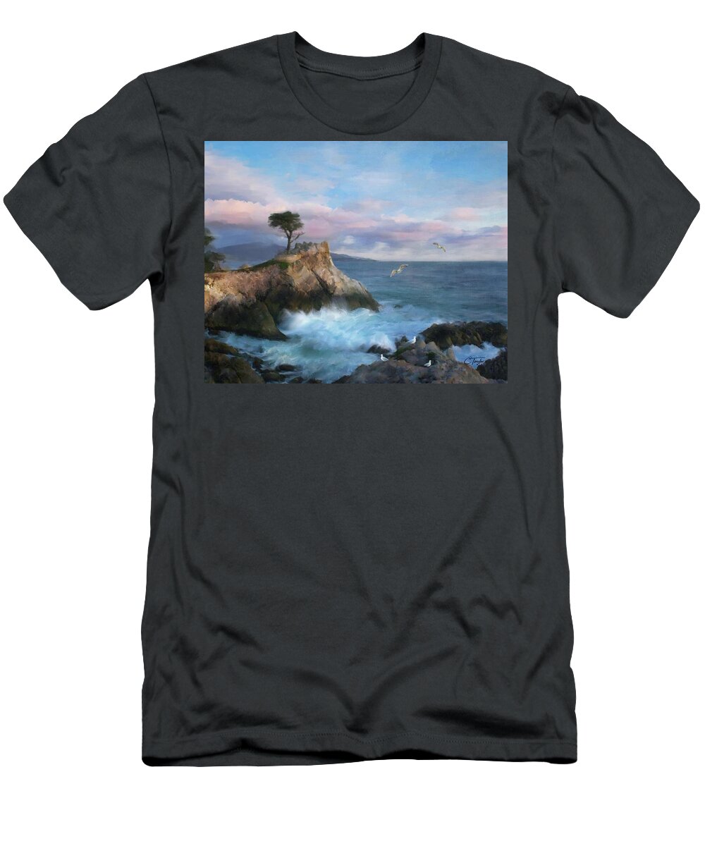 Cypress Point T-Shirt featuring the mixed media The Lone Cypress at Cypress Point by Colleen Taylor