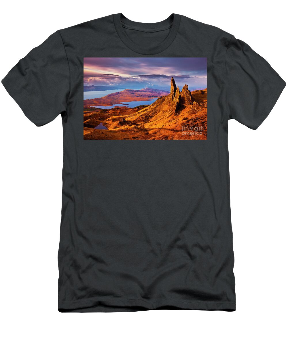 Old Man Of Storr T-Shirt featuring the photograph Old Man of Storr at sunrise, Isle of Skye by Neale And Judith Clark