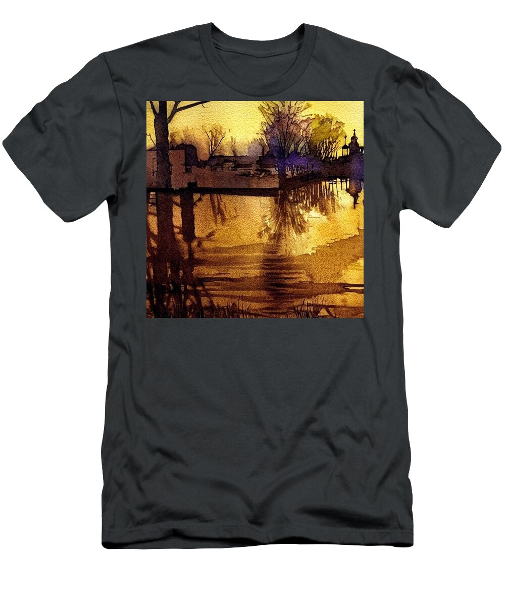 Waterloo Village T-Shirt featuring the painting The Pond at Waterloo Village, Morris Canal, Golden Hour by Christopher Lotito