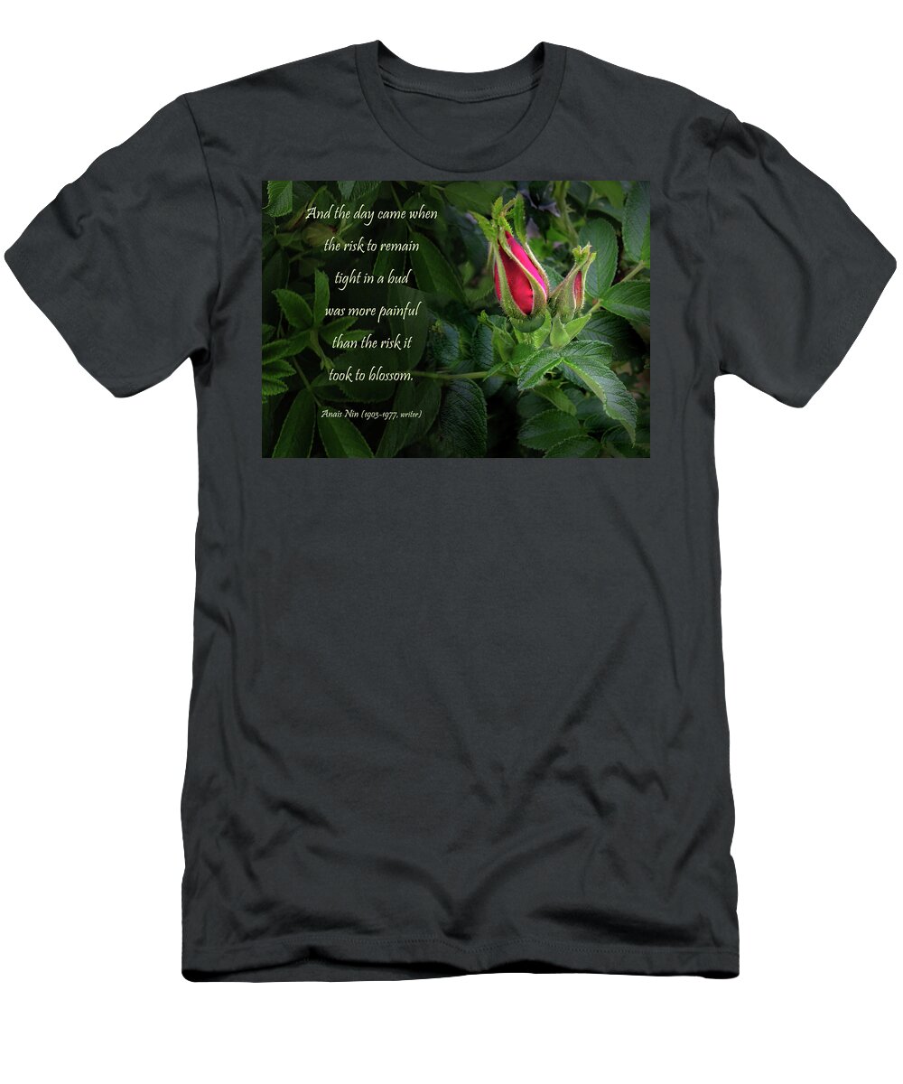 Red Rose T-Shirt featuring the photograph The Red Rose Bud by Nancy Griswold